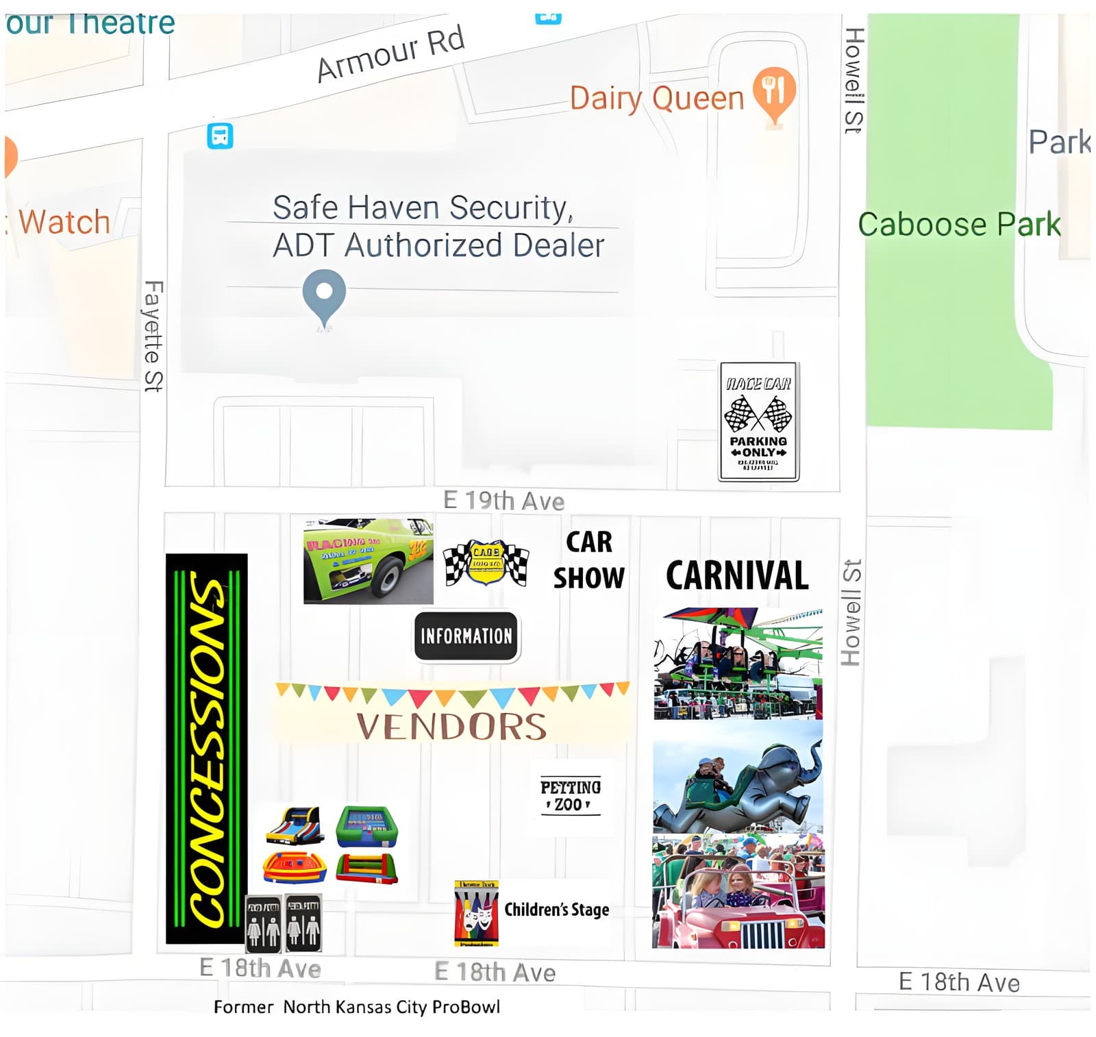 Festival area map: concessions along Fayette, vendors, information booth, car show, carnival, petting zoo and children's stage between 18th and 19th Avenues near Howell Street